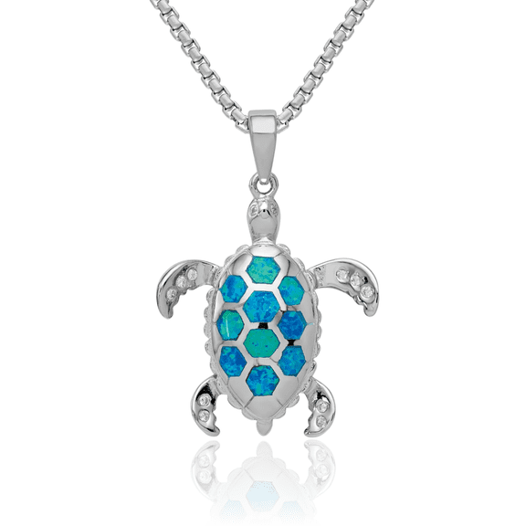 925 Sterling Silver Lab Blue Opal Cubic Zirconia CZ Sea Turtle Necklace Chain Pendant Charm