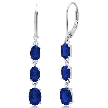 925 Sterling Silver Created Blue Sapphire Oval Dangle Earrings for Women with Leverbacks and 1.5 inch September Birthstones by MAX + STONE