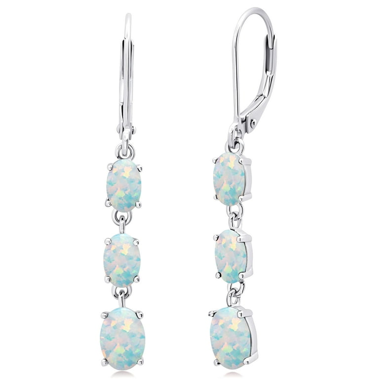 Sterling Silver Created Opal Oval And CZ Dangle Post Earrings Sterling Silver Created Opal Oval And CZ Dangle Post Earrings