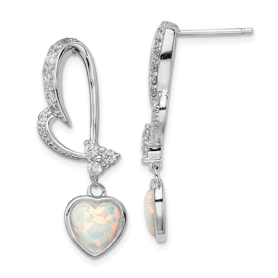 925 Sterling Silver Created Opal and CZ Heart Earrings