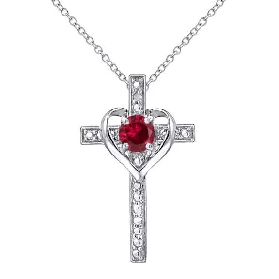 925 Sterling Silver Created Ruby & Diamond Accent Cross Heart Pendant Necklace