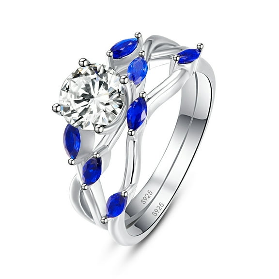 925 Sterling Silver Created Sapphire & CZ Engagement Ring Wedding Band Bridal Set for Women