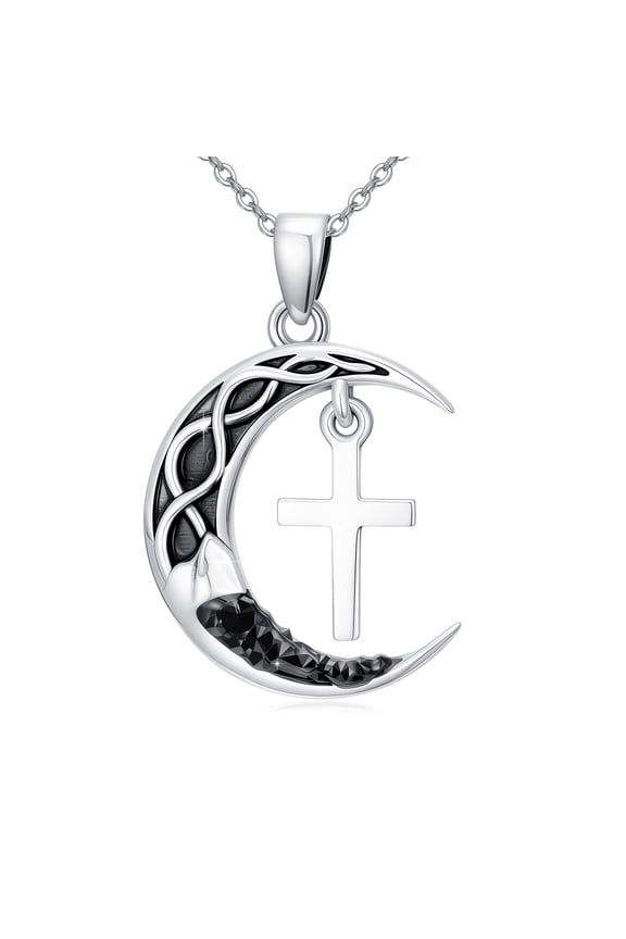 925 Sterling Silver Crescent Moon Cross Necklace for Women Religious Cross Pendant Necklace with Black Cubic Zirconia