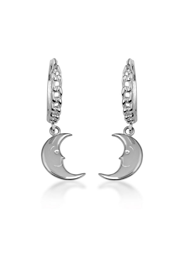 .925 Sterling Silver Crescent Moon Face Huggie Earring