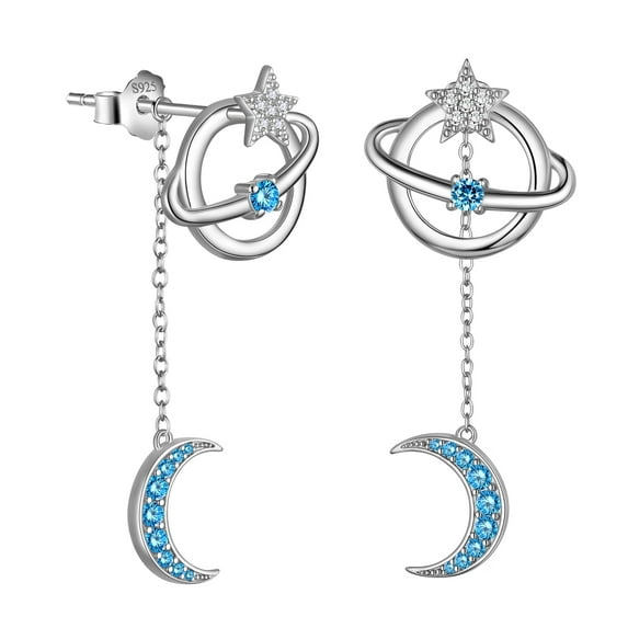 925 Sterling Silver Earrings Crescent Planet Moon Star Dangle Drop Earrings Blue CZ Jewelry Christmas Valentine's Day Gift for Women Mother Wife