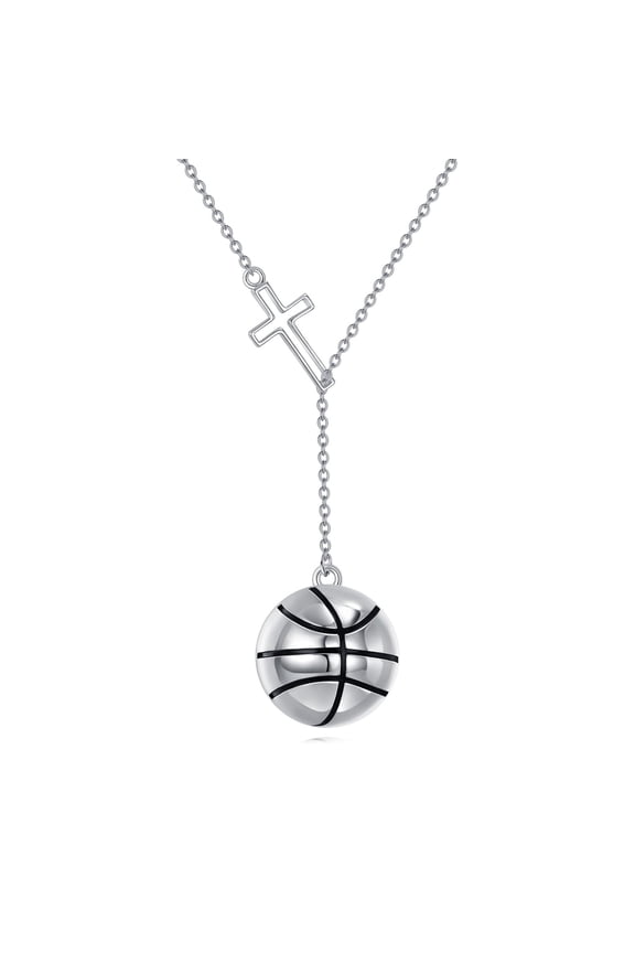 925 Sterling Silver Cross Basketball Y Necklace for Men Women, Hip Hop Christian Religious Jewelry Gift (basketball)