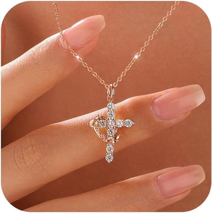 925 Sterling Silver Cross with Crown Necklace for Women Cubic Zirconia Pendant Necklaces Adjustable Choker Necklace Easter Christian Baptism Religious Christian Faith Jewelry Christmas Gifts