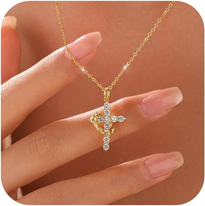 925 Sterling Silver Cross with Crown Necklace for Women Cubic Zirconia Pendant Necklaces Adjustable Choker Necklace Easter Christian Baptism Religious Christian Faith Jewelry Christmas Gifts