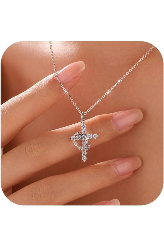 925 Sterling Silver Cross with Crown Necklace for Women Cubic Zirconia Pendant Necklaces Adjustable Choker Necklace Easter Christian Baptism Religious Christian Faith Jewelry Christmas Gifts