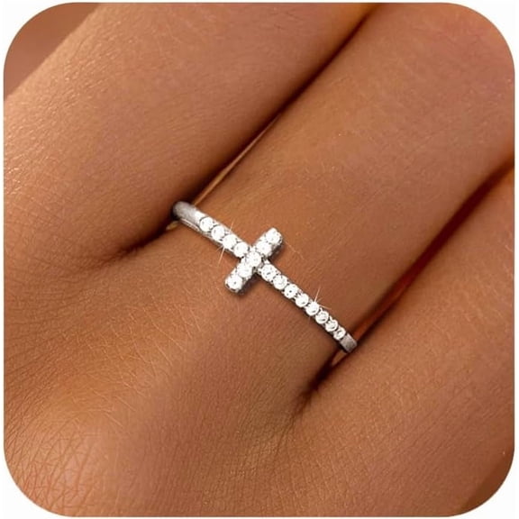925 Sterling Silver Cross Cubic Zirconia Rings for Women Eternity Purity Promise Ring Thin Thumb Ring Christian Confirmation Baptism Religious Jewelry Christmas Gifts for Mom Daughter