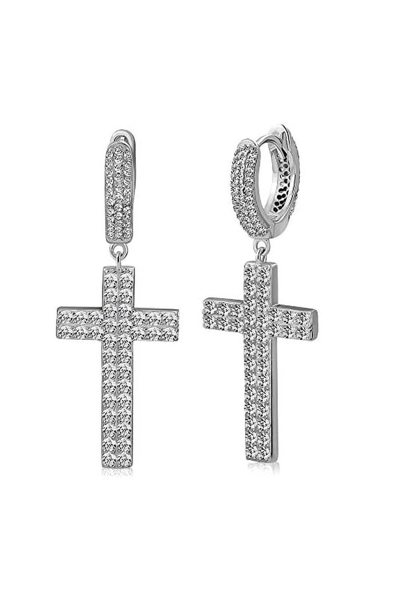 925 Sterling Silver Cross Dangle Drop Earrings Cubic Zirconia
