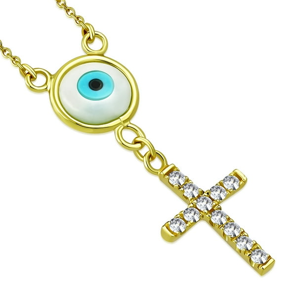 925 Sterling Silver Cross Evil Eye White CZ Pendant Necklace