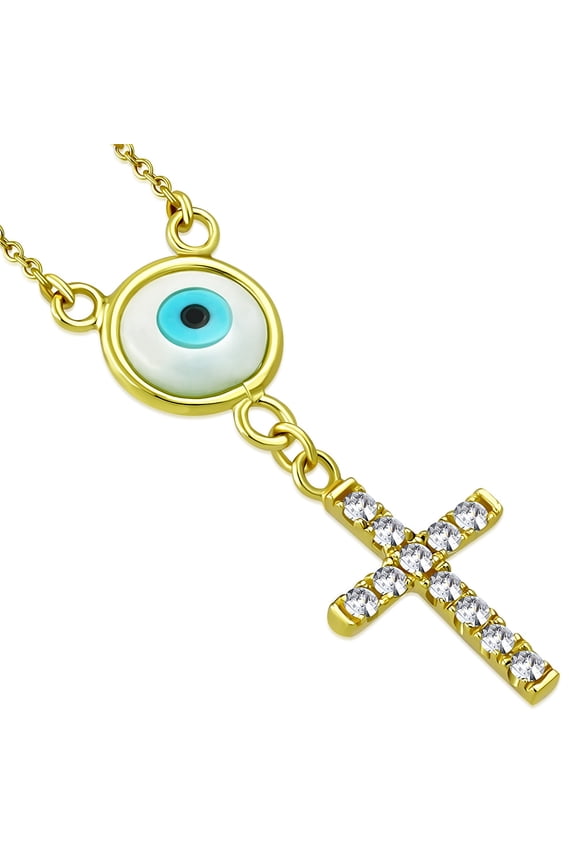 925 Sterling Silver Cross Evil Eye White CZ Pendant Necklace