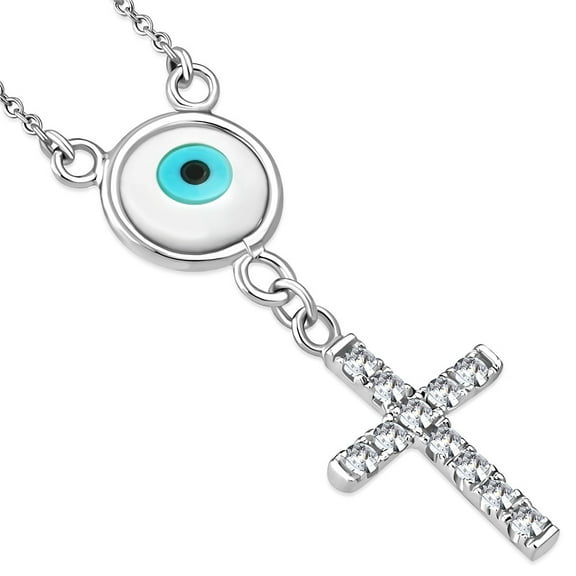 925 Sterling Silver Cross Evil Eye White CZ Pendant Necklace