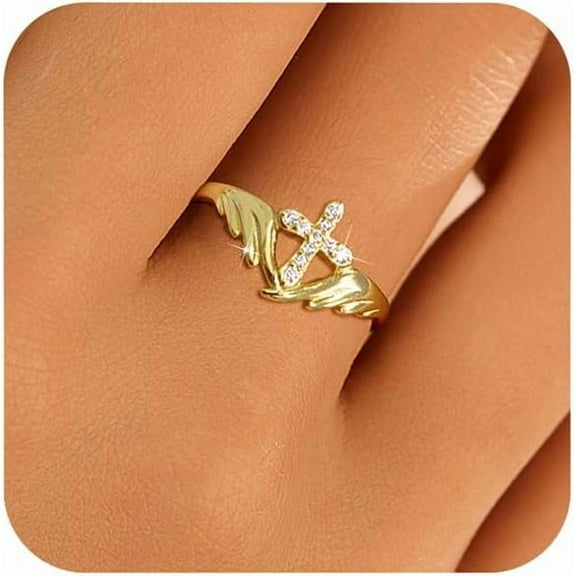 925 Sterling Silver Cross Feather Rings for Women Dainty 18K Gold Plated CZ Evil Angel Wing Promise Ring Adjustable Faith Christian Thumb Ring Western Jewelry Birthday Gifts for Her