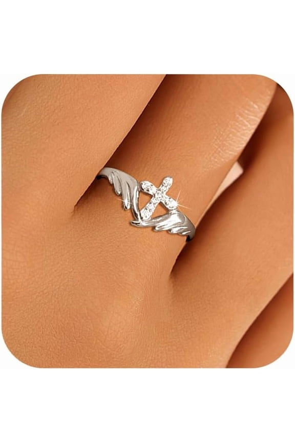 925 Sterling Silver Cross Feather Rings for Women Dainty 18K Gold Plated CZ Evil Angel Wing Promise Ring Adjustable Faith Christian Thumb Ring Western Jewelry Birthday Gifts for Her