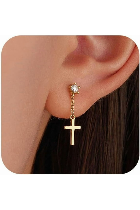 925 Sterling Silver Cross Hoop Dangle Earrings for Women Mother 14K Gold Plated Dangle Cross Tassels Earrings Cubic Zirconia Cartilage Hypoallergenic Drop Christian Halloween Wedding Jewelry Gift