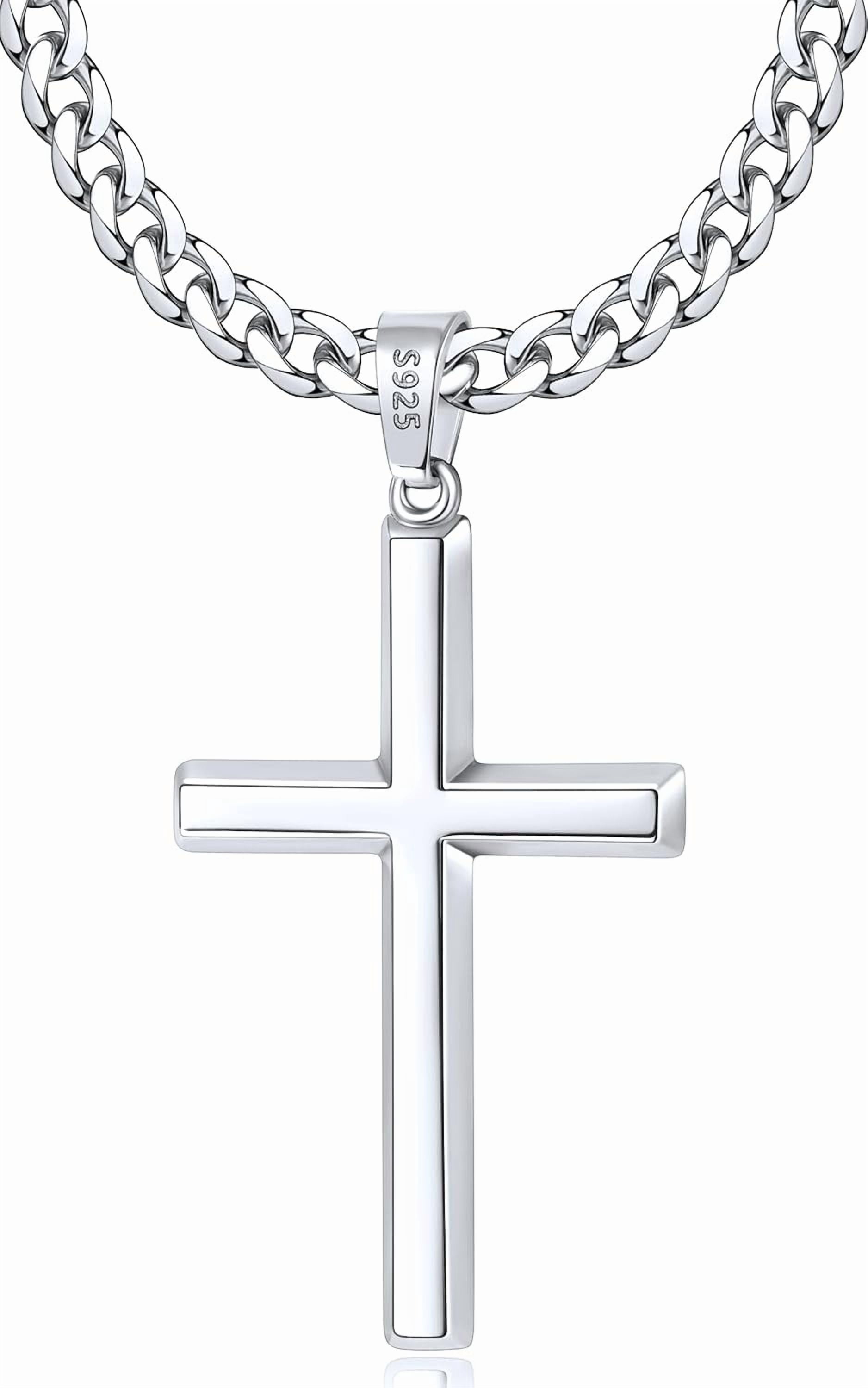 925 Sterling Silver Cross Necklace, 14K Gold Plated Sterling Silver Cross Pendant with Top Craftsmanship, 4mm Stainless Steel Cuban Chain Necklace for Men and Women, 16–26 Inch