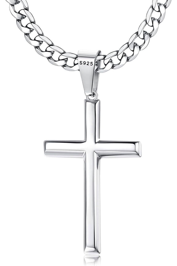 925 Sterling Silver Cross Necklace with Beveled Edge for Men & Women, 5mm Stainless Steel Diamond-Cut Durable Cuban Link Chain, Crucifix Pendant Necklace Jewelry, 16-30 Inches