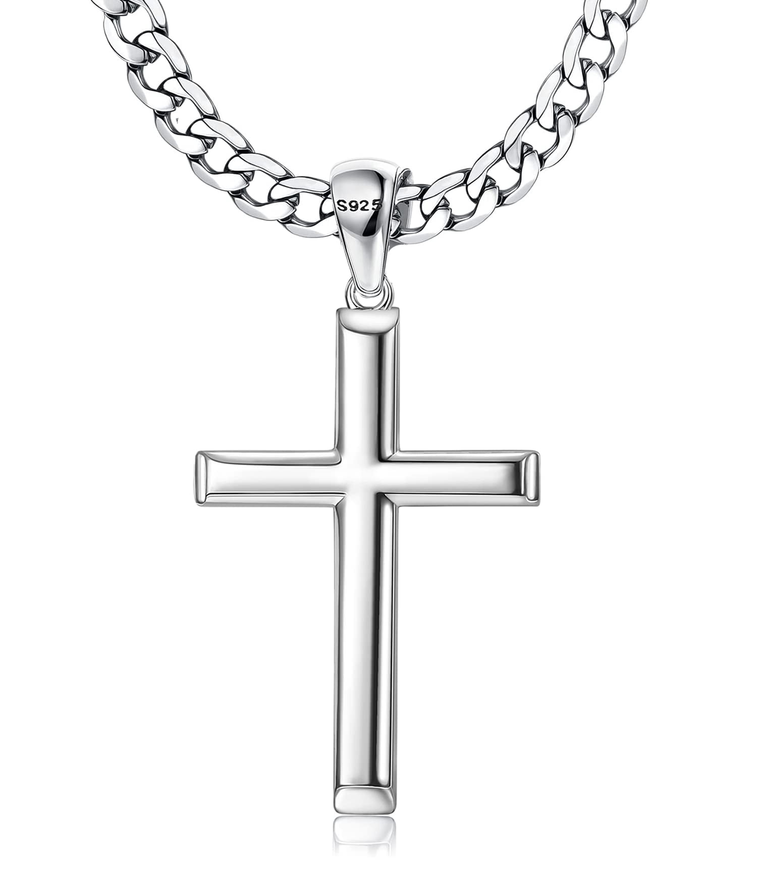 925 Sterling Silver Cross Necklace Beveled Edge for Men Women 5mm Stainless Steel Diamond Cut Durable Cuban Link Curb Chain Crucifix Pendant Necklace Jewelry 22 Inches|Cross Pendant Necklace for Wome