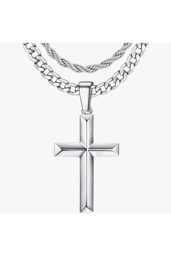 925 Silver Plating Cross Necklace for Men - Layered Cross Pendant Necklaces Waterproof Stainless Steel Cuban Link Rope Chain Silver Necklace Stack Jewelry with Gift Box 16-30 Inches