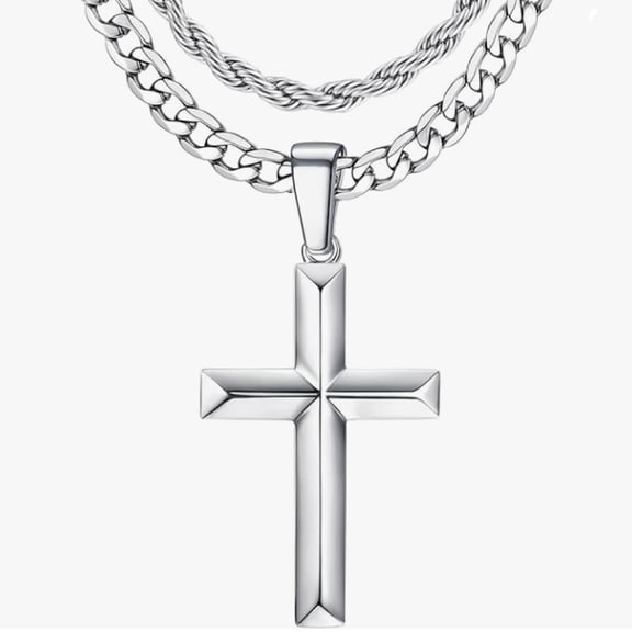 925 Sterling Silver Cross Necklace for Men - Layered Cross Pendant Necklaces Waterproof Stainless Steel Cuban Link Rope Chain Silver Necklace Stack Jewelry with Gift Box 16-30 Inches