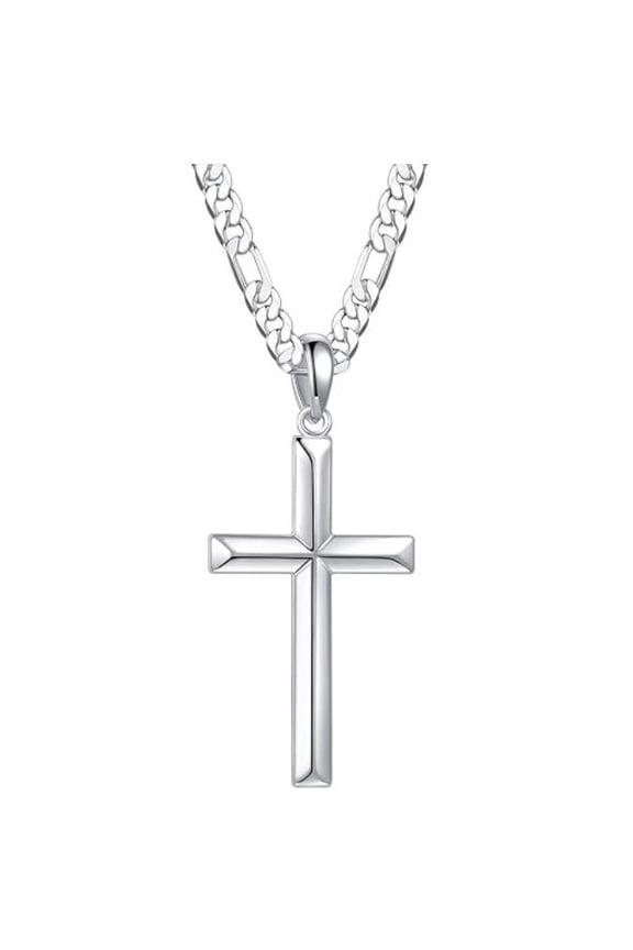 925 Sterling Silver Cross Necklace for Men Women with 4.5MM Stainless Steel Strong Durable Figaro Chain 18K White Gold Plated Crucifix Pendant Necklace Jewelry 16-28 Inches