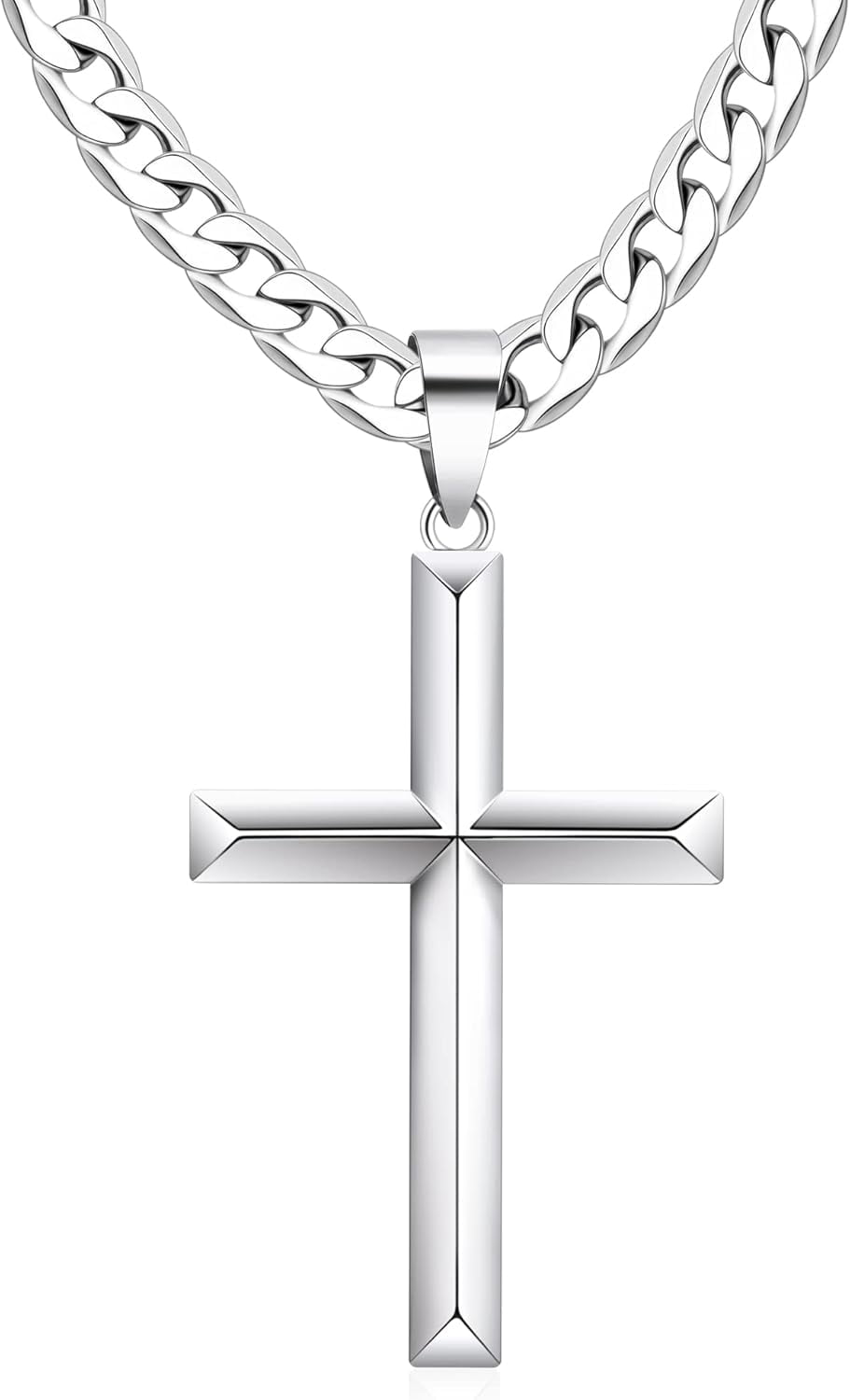 925 Sterling Silver Cross Necklace for Men Women with Stainless Steel Diamond Cut Durable Cuban Link Chain Polished Beveled Edge Cross Chain Pendant Necklace Jewelry 20 Inches|925 Sterling Silver Cro