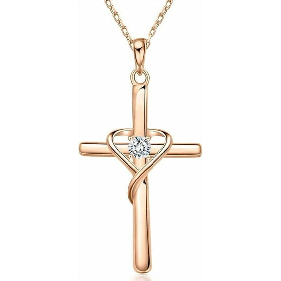 925 Sterling Silver Cross Necklace for Women Men 14K Gold Plated Birthstone Necklaces 5A CZ Rose Gold Necklace for Easter or Christmas