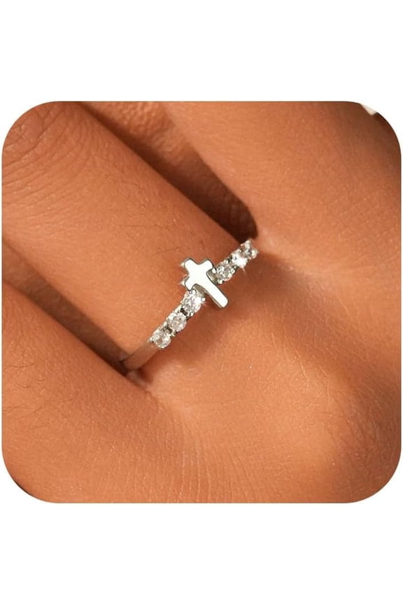 Sterling Silver Plated Cross Pray Rings for Women Non Tarnish Dainty CZ Faith Ring Trendy Stackable Eternity Promise Ring to Daughter Birth Confirmation Baptism Halloween Christian Jewelry Gifts