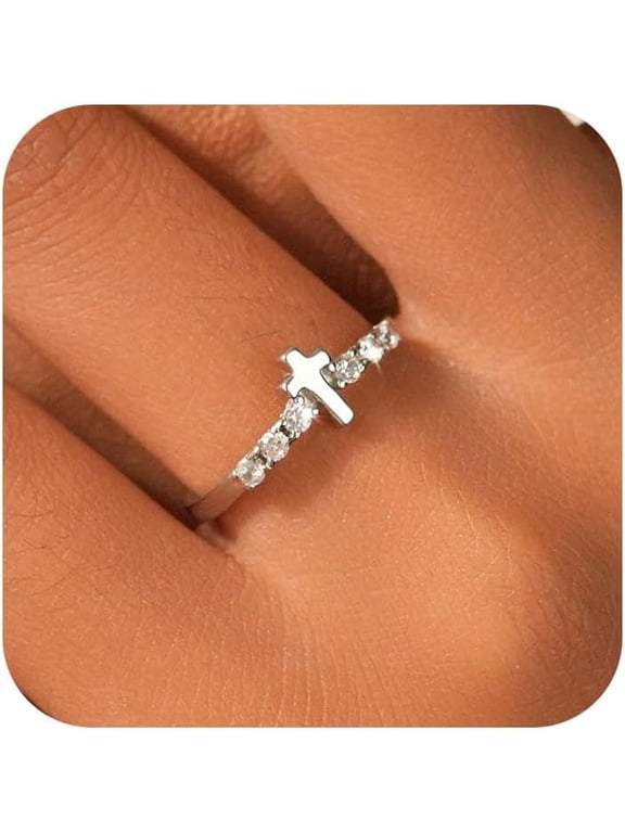 Sterling Silver Plated Cross Pray Rings for Women Non Tarnish Dainty CZ Faith Ring Trendy Stackable Eternity Promise Ring to Daughter Birth Confirmation Baptism Halloween Christian Jewelry Gifts