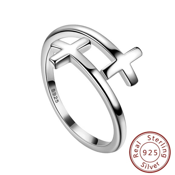925 Sterling Silver Cross Ring Easter Christian Jewelry Double Sideways Cross Rings Faith Inspirational Wrap Band Mens Women Gifts