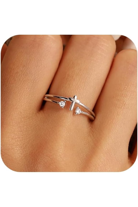 925 Sterling Silver Cross Ring for Women White Cubic Zirconia Cross Chuny Ring for Men Adjustable Stackable Christian Faith Minimalist Religious Baptism Cross Jewelry Christmas Wedding Gift