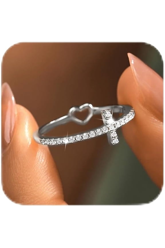 925 Sterling Silver Cross Rings for Women Cubic Zirconia Faith Hope Christian Rings Heart Ring Promise Rings for Her Purity Ring Mothers Ring Religious Jewelry Easter Baptism Christmas Gifts
