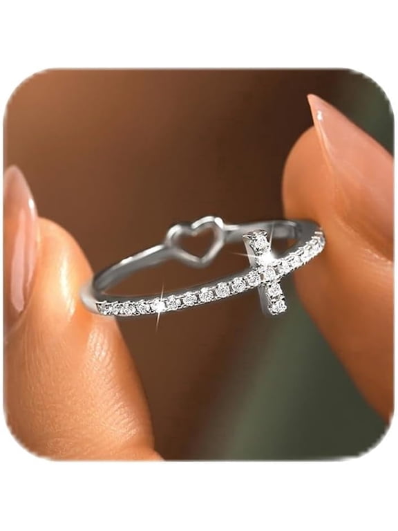 Sterling Silver Plated Cross Rings for Women Cubic Zirconia Faith Hope Christian Rings Heart Ring Promise Rings for Her Purity Ring Mothers Ring Religious Jewelry Easter Baptism Christmas Gifts
