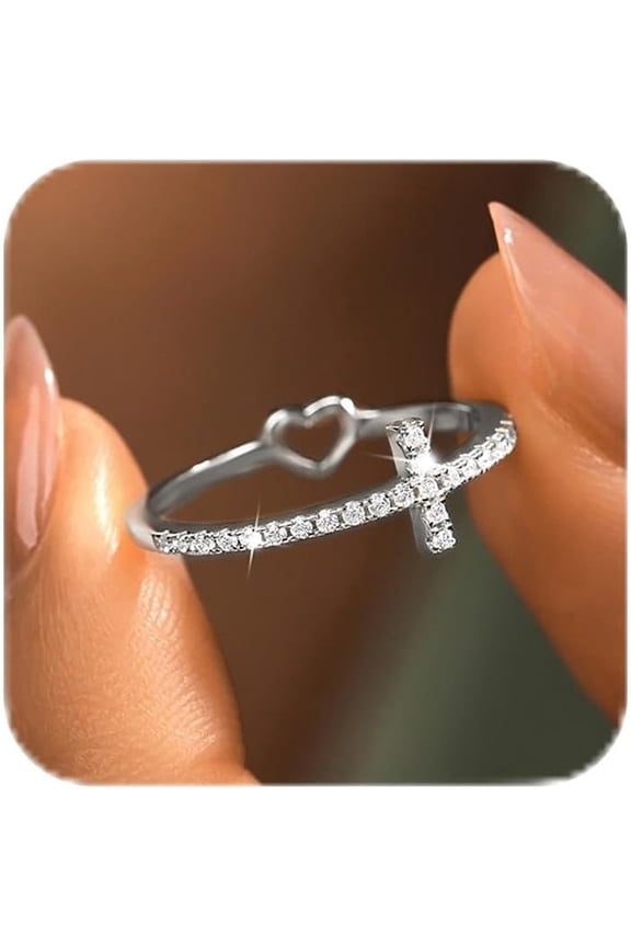 925 Sterling Silver Cross Rings for Women Cubic Zirconia Faith Hope Christian Rings Heart Ring Promise Rings for Her Purity Ring Mothers Ring Religious Jewelry Easter Baptism Christmas Gifts