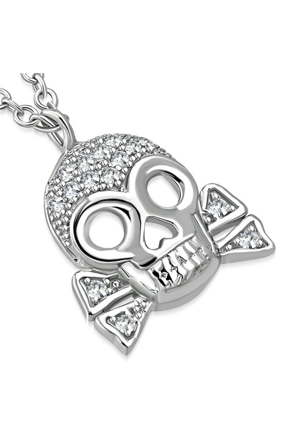 925 Sterling Silver Crossbones Skull White Clear CZ Pendant Necklace, 18"