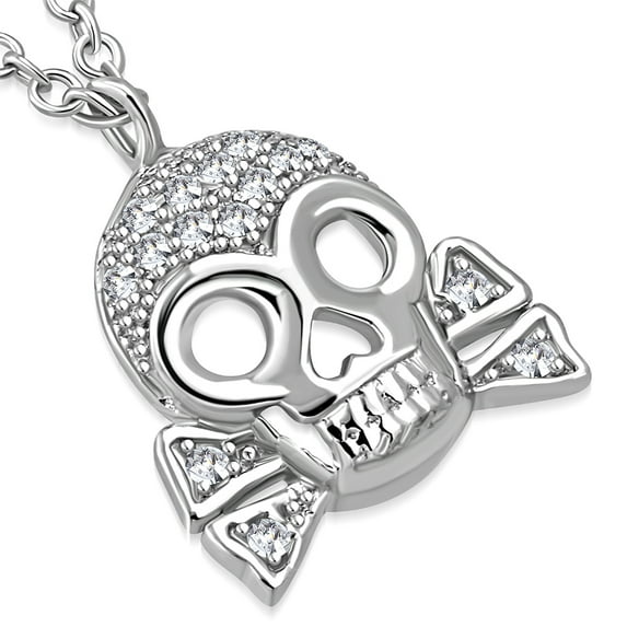 925 Sterling Silver Crossbones Skull White Clear CZ Pendant Necklace, 18"