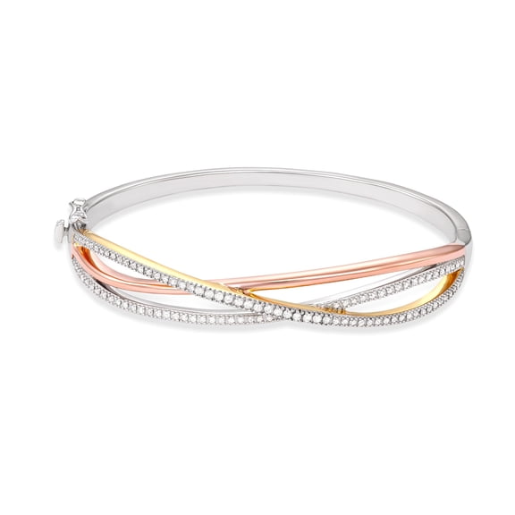 925 Sterling Silver Crossover Bangle Bracelet for Women, Two-Tone Rose Gold & Silver Finish, Simulated Stones H-I Color I1-I2 Clarity,