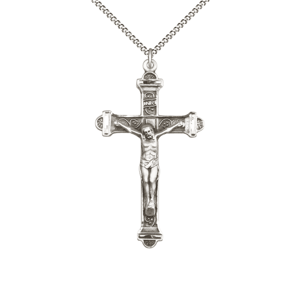.925 Sterling Silver Crucifix Medal Pendant on 18 Inch Rhodium Plated Lite Curb Brass Chain -Catholic Religious Necklace Made in USA,Deluxe Velvet Gift Box