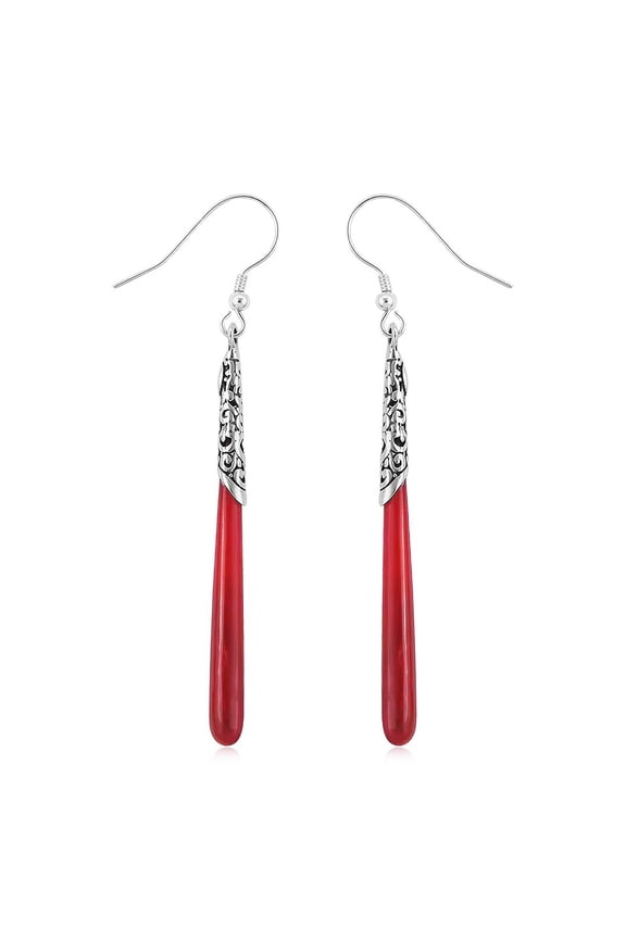 Red Coral Dangle Earrings for Women in 925 Sterling Silver - Drop Unique Earrings Handmade Birthstone Vintage Boho Western Jewelry Birthday Christmas Gifts