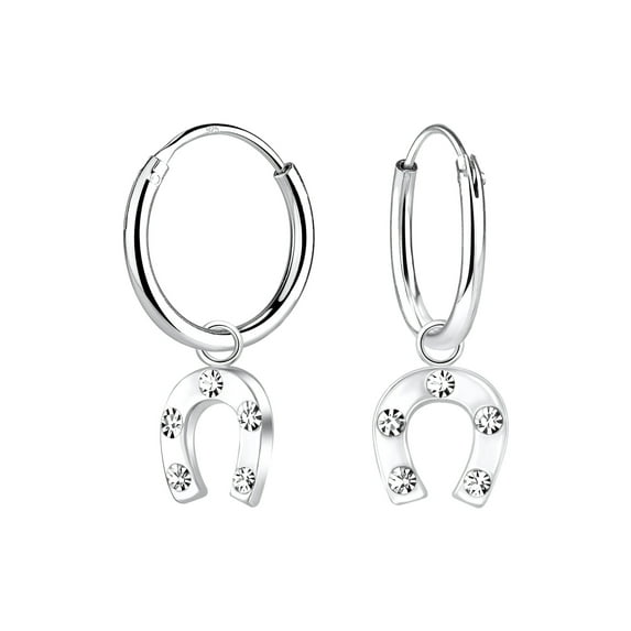 925 Sterling Silver Crystals Horseshoe Charm Hoop Earrings