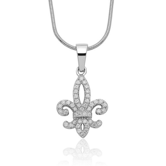 925 Sterling Silver Cubic Zirconia CZ French Fleur De Lis Lily Flower Chain Necklace