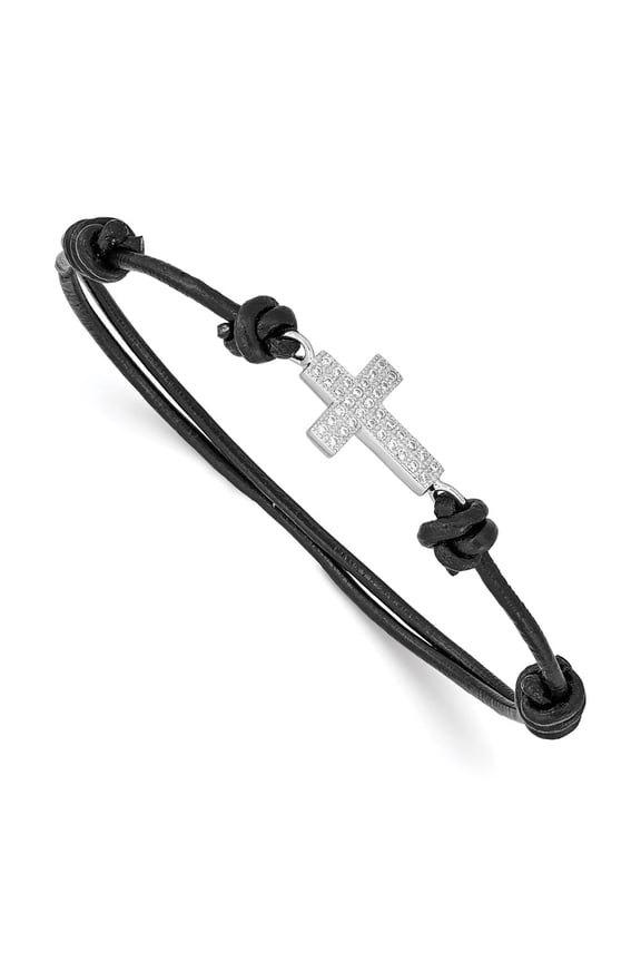 925 Sterling Silver Cubic Zirconia Cross Black Leather Adjustable Bracelet Fine Jewelry For Women Gifts For Her, 7"