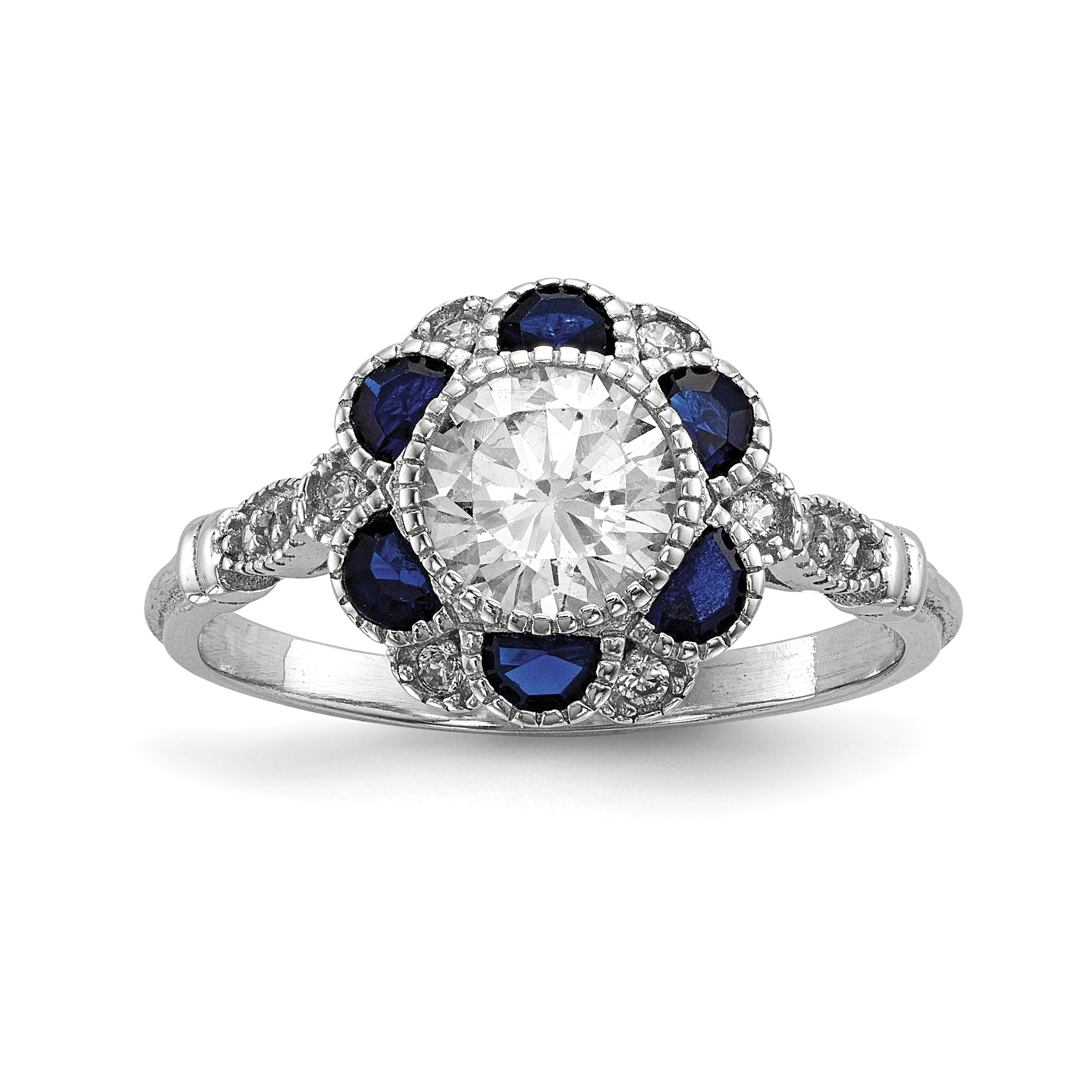 Sterling Silver White CZ & Lab-Created Blue Sapphire Flower Ring Sterling Silver White CZ & Lab-Created Blue Sapphire Flower Ring