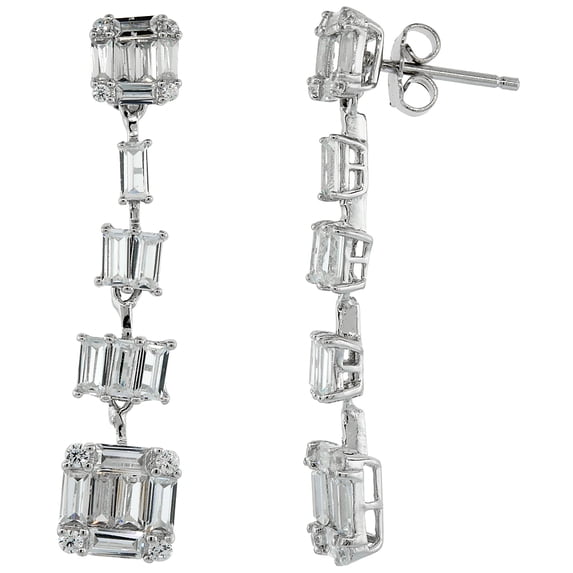 925 Sterling Silver Cubic Zirconia Graduating Baguette Dangle Earrings 8mm