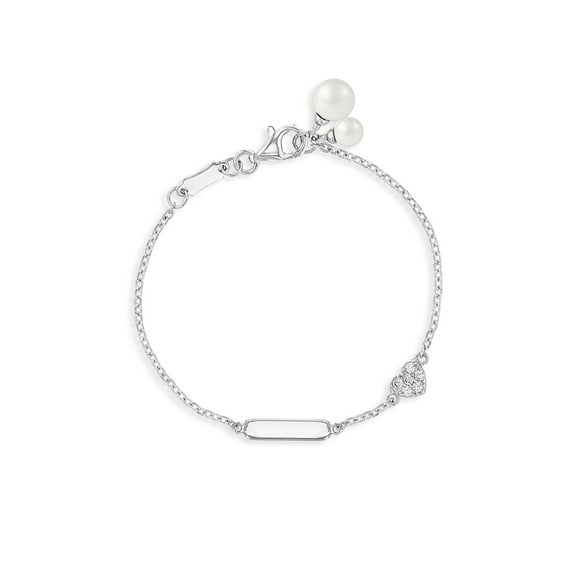 925 Sterling Silver Cubic Zirconia Heart Simulated Pearl ID Bracelet for Girls