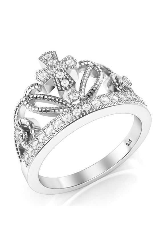 925 Sterling Silver Cubic Zirconia Princess Cross Crown Tiara CZ Band Ring Sz 12