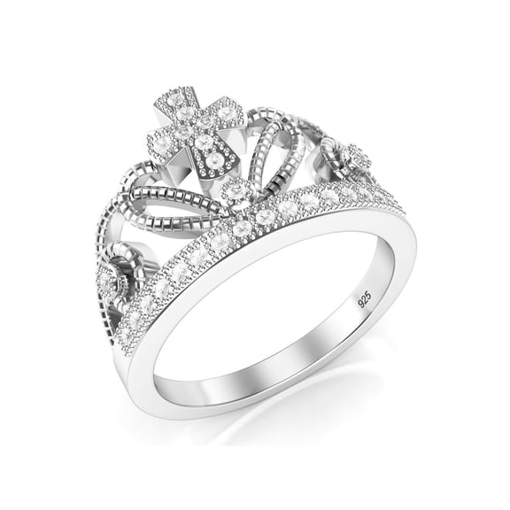 925 Sterling Silver Cubic Zirconia Princess Cross Crown Tiara CZ Band Ring Sz 12