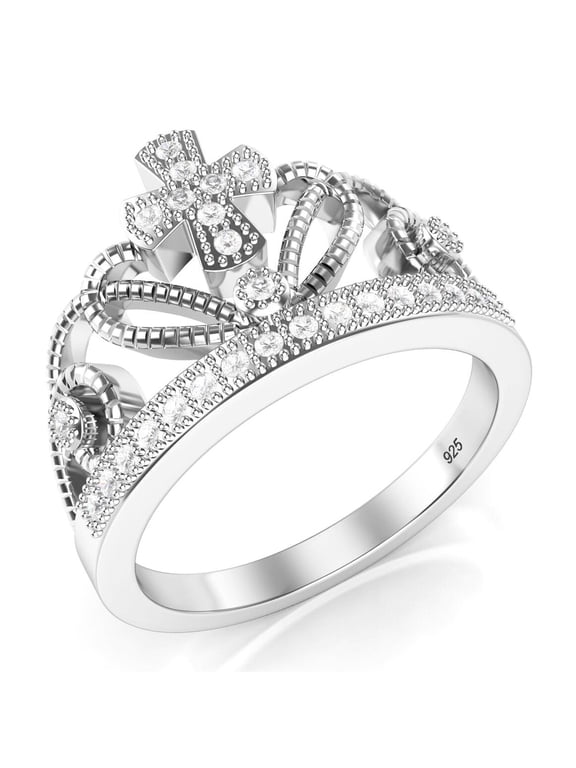 925 Sterling Silver Cubic Zirconia Princess Cross Crown Tiara CZ Band Ring Sz 12